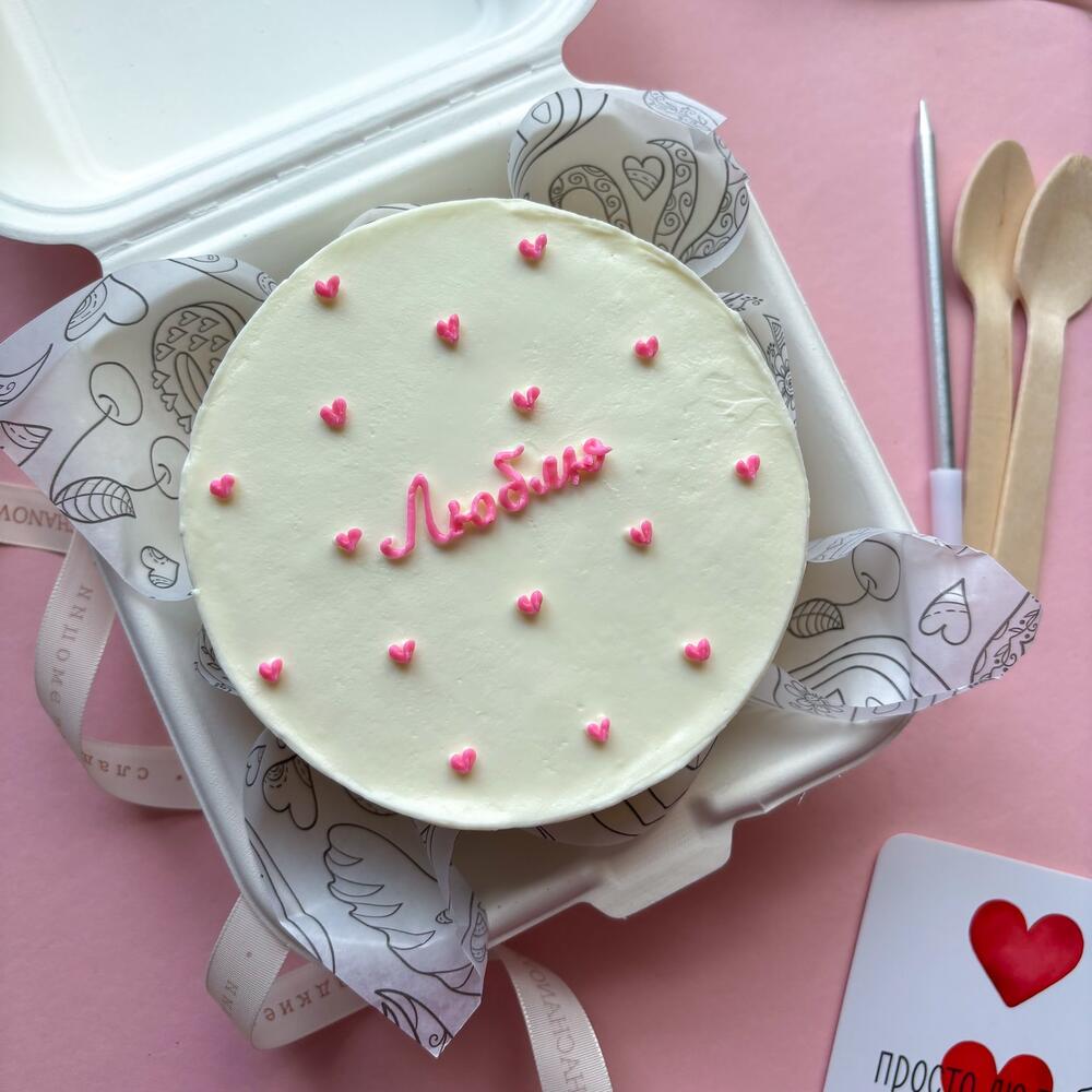 Бенто торт "Люблю" с розовыми сердечками мужу, жене, парню, девушке, мужчине