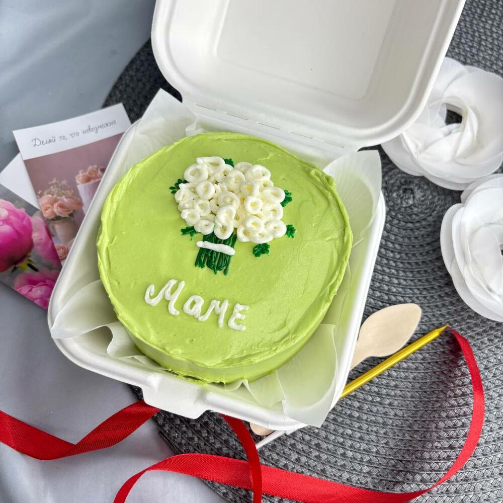 Бенто торт "Маме" фисташковый с букетом