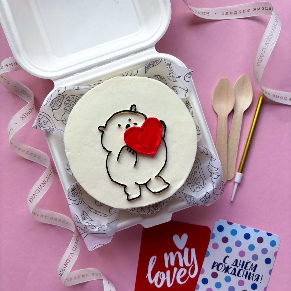 Бенто торт "Мишка с сердцем" девушке, любимой, жене, парню, мужу на 14 февраля