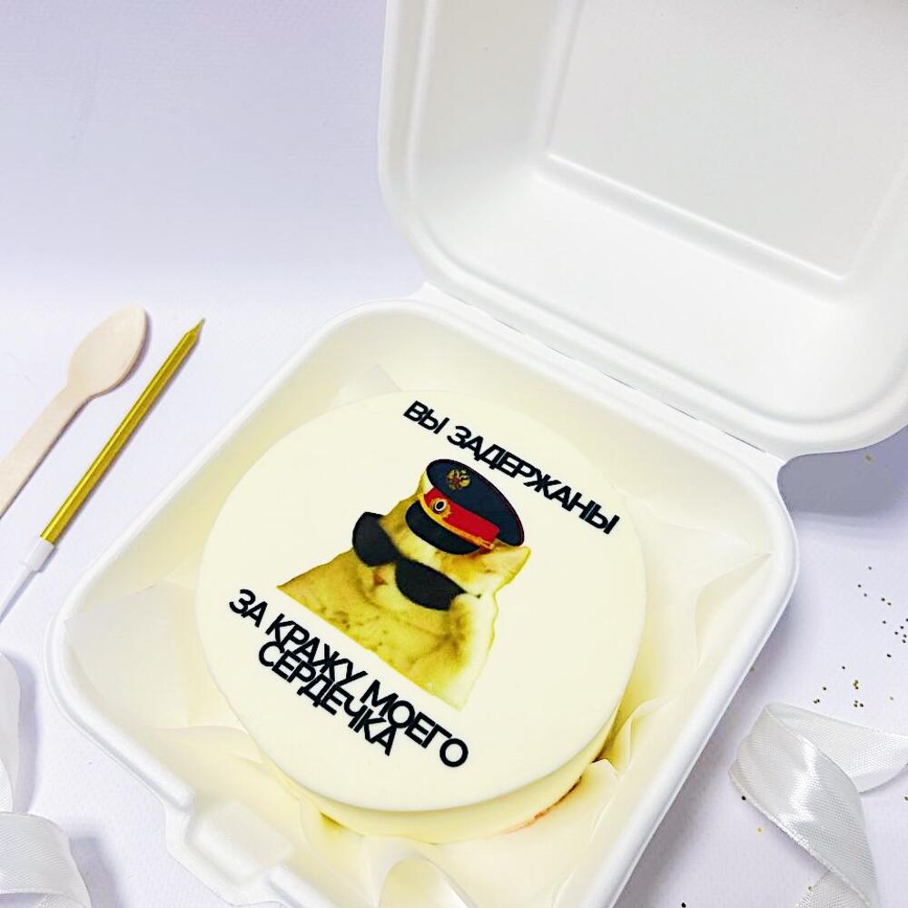 Бенто торт с мемным котиком: Вы задержаны за кражу моего сердца