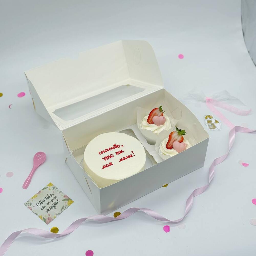 Бенто торт «Спасибо, что ты моя мама» и капкейки с сердечками маме на День Матери