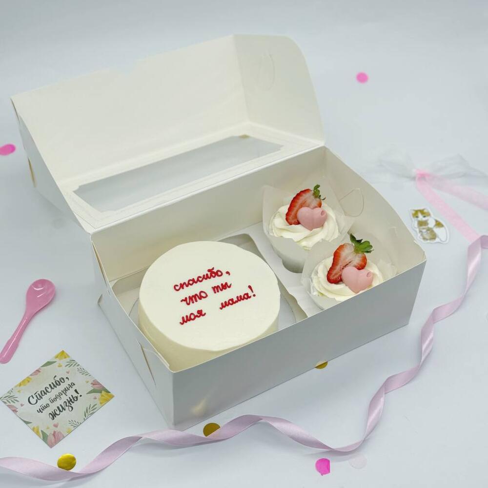 Бенто торт «Спасибо, что ты моя мама» и капкейки с сердечками маме на День Матери